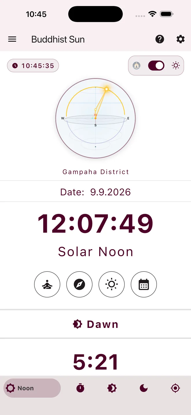 Buddhist Sun Home Screen with Solar Noon and Google Map